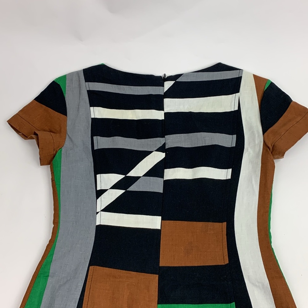 Derek Lam Linen Dress Size 4 Short Cap sleeve Zip up Geometric Multicolor Earthy - Picture 7 of 15